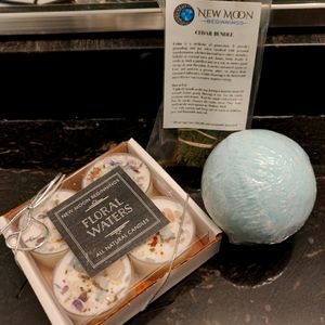 Set of 4 crystal infused candles, cedar smudge stick and bath bomb